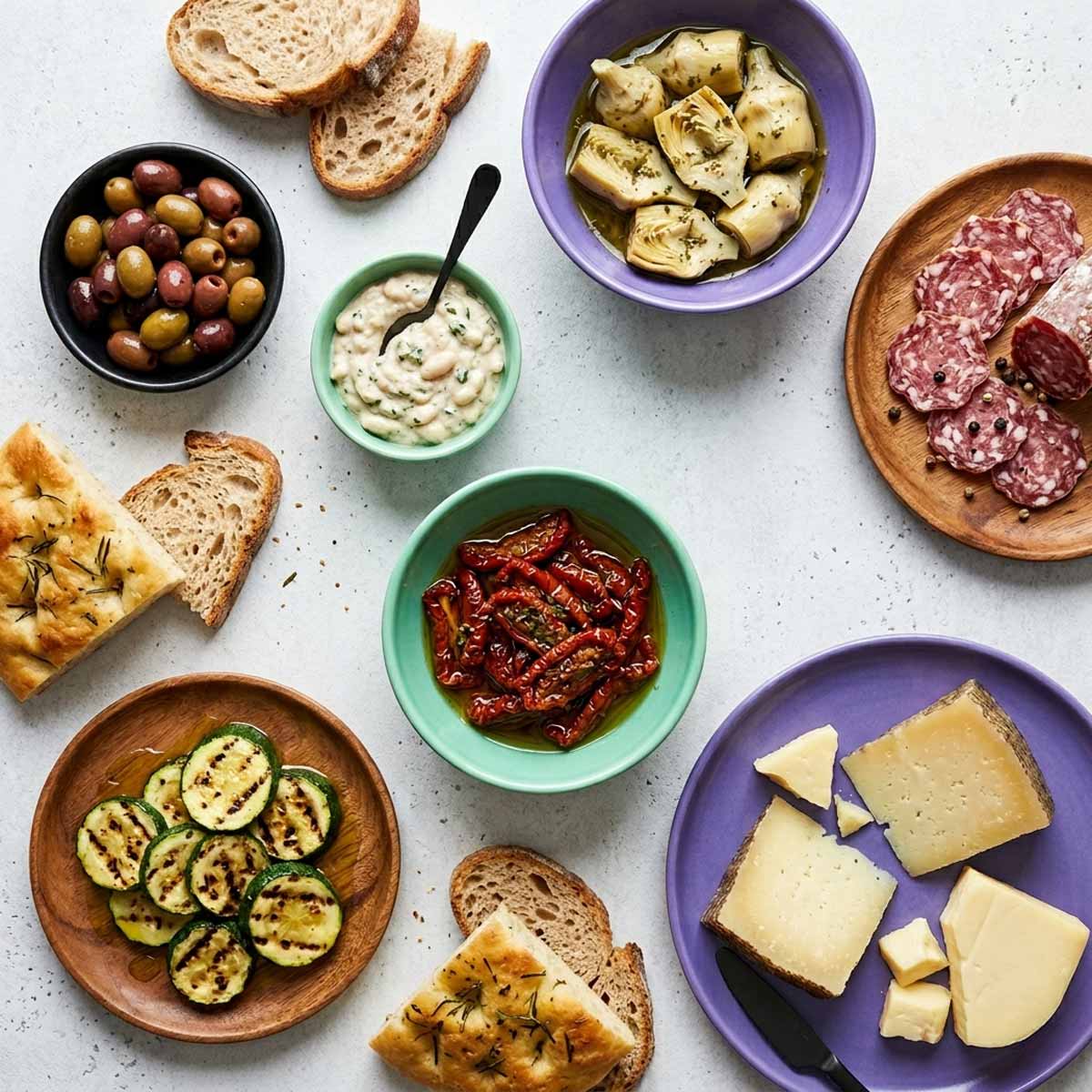 90-Grad-Draufsicht auf verschiedene Antipasti in mintgrünen, violetten und hölzernen Schälchen auf Beton, inklusive mattschwarzem Löffel und Käsemesser.