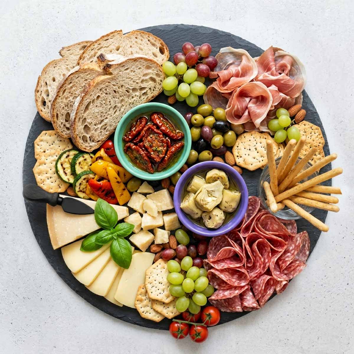 90-Grad-Draufsicht auf eine prall gefüllte, runde Schieferplatte mit Antipasti, inklusive Grissini im Glas, Oliven in einer schwarzen Schale und gegrilltem Gemüse in Violett auf Beton.