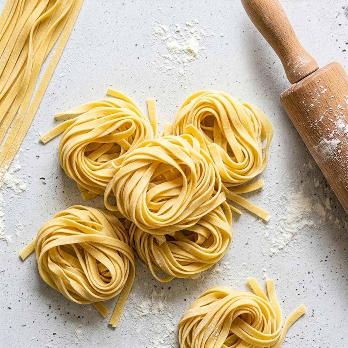 Draufsicht auf mehrere Nester frischer Tagliatelle-Pasta auf lichtgrauem Beton mit Mehl bestäubt, daneben ein hölzernes Nudelholz und lange Nudelstränge.