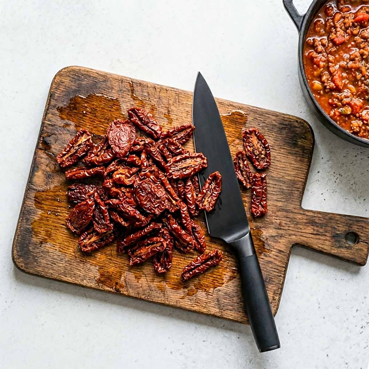 Overhead-Aufnahme eines rustikalen Holzbretts mit getrockneten Tomaten, Ölspuren und einem schwarzen Messer auf hellgrauem Beton; rechts oben ein Anschnitt eines schwarzen Topfes mit Bolognese-Sauce.