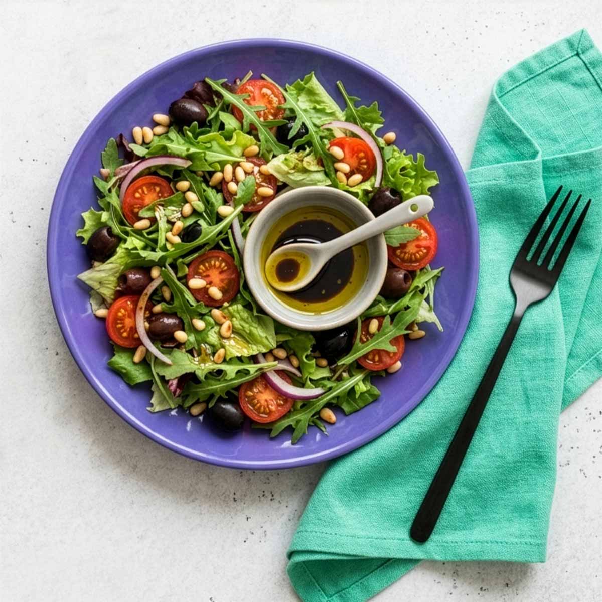 90-Grad-Draufsicht auf einen violetten Teller mit gemischtem Salat, einer kleinen Schale Vinaigrette in der Mitte und einem mintgrünen Leinentuch mit schwarzer Gabel daneben.