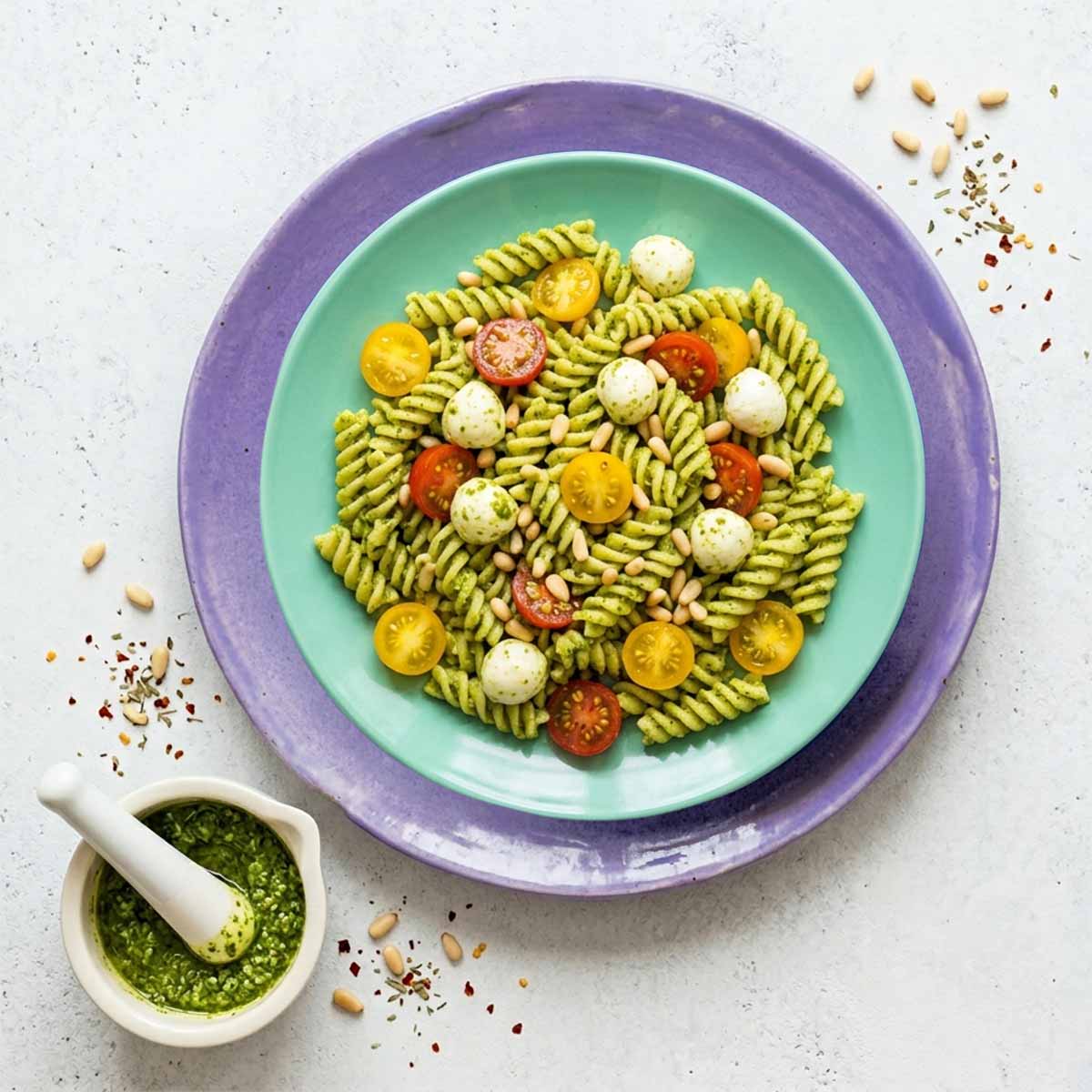 90-Grad-Draufsicht auf einen mintgrünen Keramikteller mit Pesto-Nudelsalat, der versetzt auf einem größeren violetten Unterteller steht, daneben eine kleine Schale mit Pesto und Mörser auf Beton.