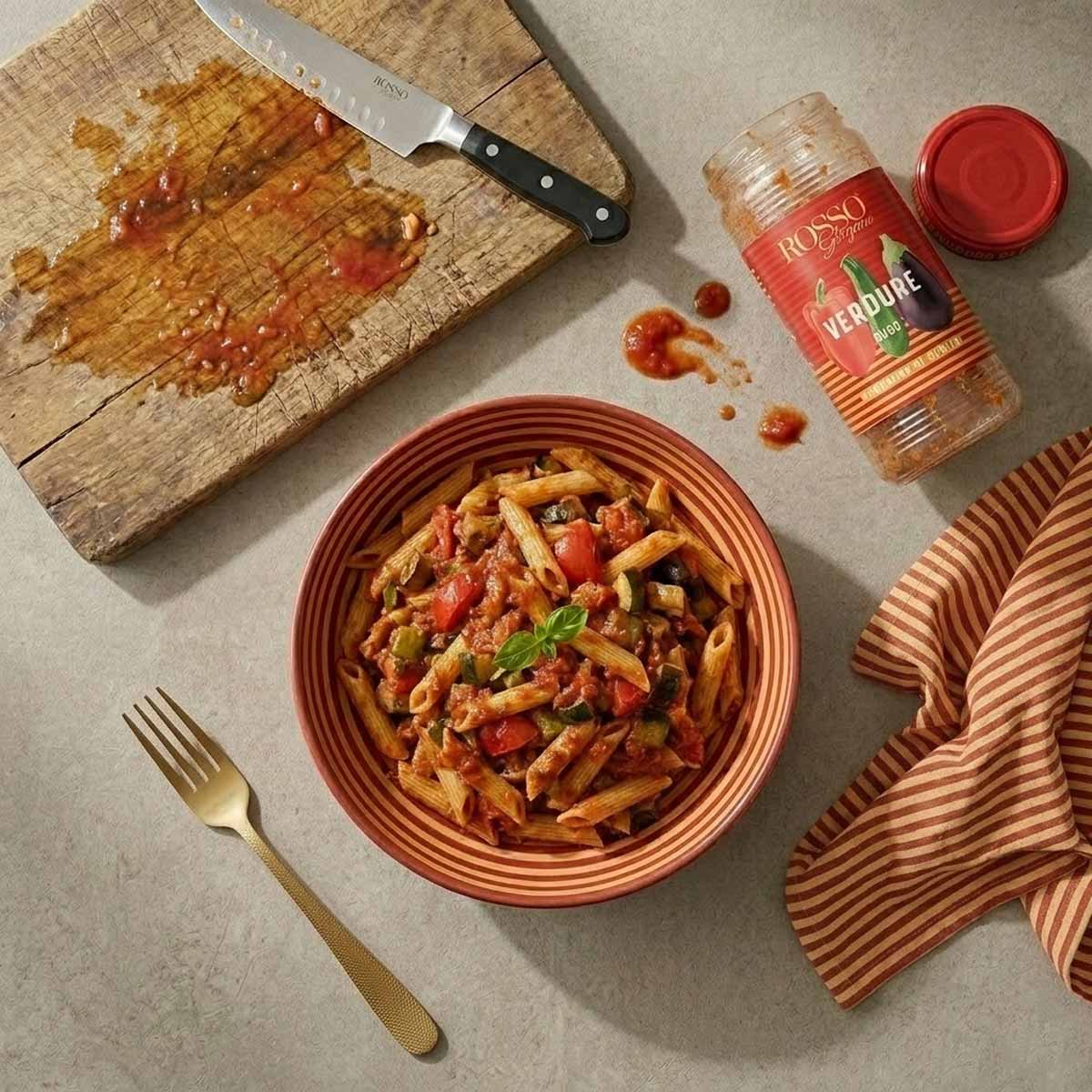 Draufsicht auf einen Teller Penne Rigate mit Rosso Gargano Sugo Verdure Tomatensauce, daneben ein leeres Glas Saucen-Dose, eine goldene Gabel und ein gestreiftes Küchentuch auf einer Arbeitsplatte.