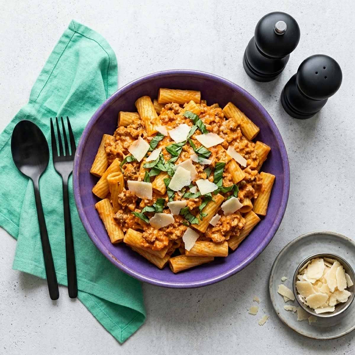 Top-Down-Ansicht einer violetten Schale mit Rigatoni Pasta in Bolognese-Sauce, garniert mit Parmesanspänen und Basilikum, daneben schwarzes Besteck auf einem mintgrünen Tuch.