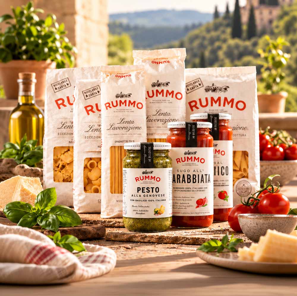 Rummo Probierpaket mit Pasta, Pesto und Tomatensauce auf italienisch gedecktem Tisch