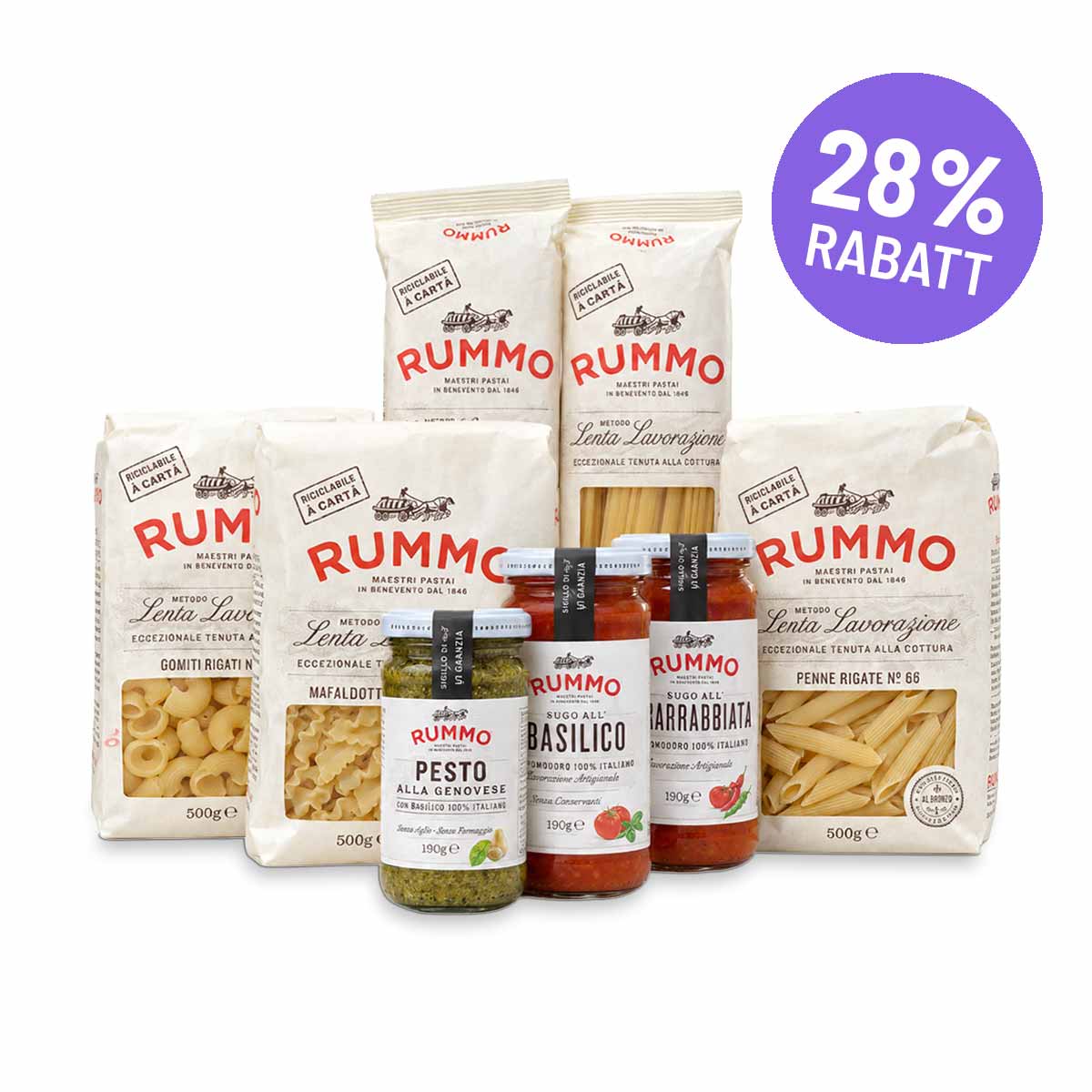 Rummo Pasta und Saucen Vorteilspack mit 28% Rabatt – 8-teiliges Set aus Lenta Lavorazione Nudeln, Pesto und Tomatensaucen im RITONI Online-Shop kaufen.