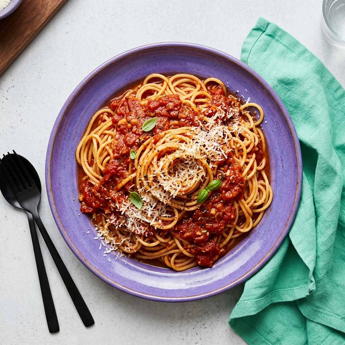 Direkte Draufsicht auf einen violetten Teller mit Spaghetti in roter Tomatensauce, bestreut mit Parmesan und Basilikumblättern. Daneben liegen ein mintgrünes Leinentuch und schwarzes Besteck auf hellem Beton.