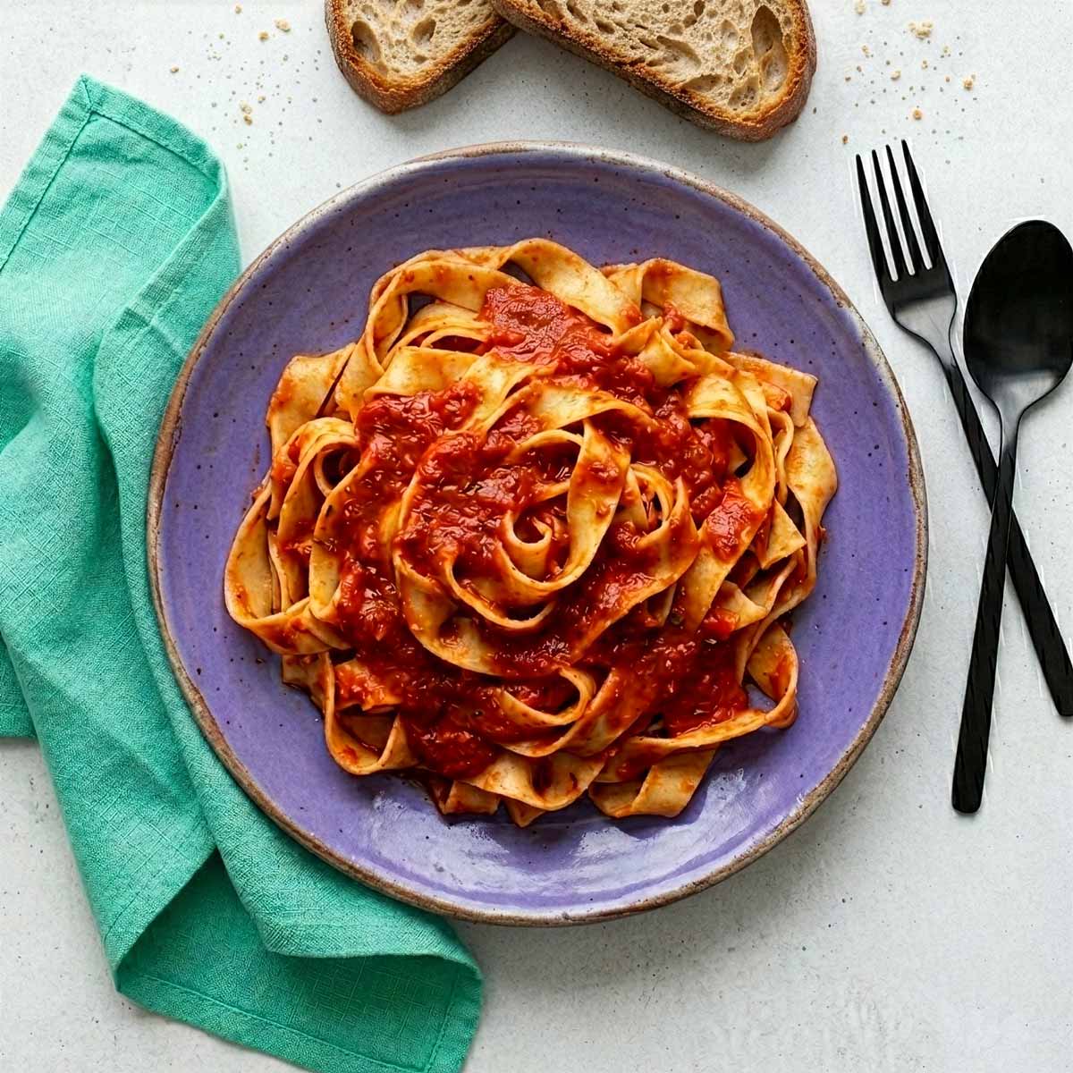 Overhead-Draufsicht auf einen rustikalen violetten Teller mit Pasta in Tomatensauce, daneben zwei Scheiben Brot, ein mintgrünes Leinentuch und schwarzes Besteck auf Beton.