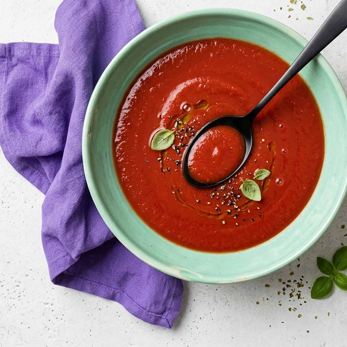 Overhead-Food-Fotografie einer mintgrünen Schüssel mit roter Tomatensauce und einem schwarzen Löffel, daneben ein violettes Küchentuch auf hellgrauem Beton-Hintergrund.