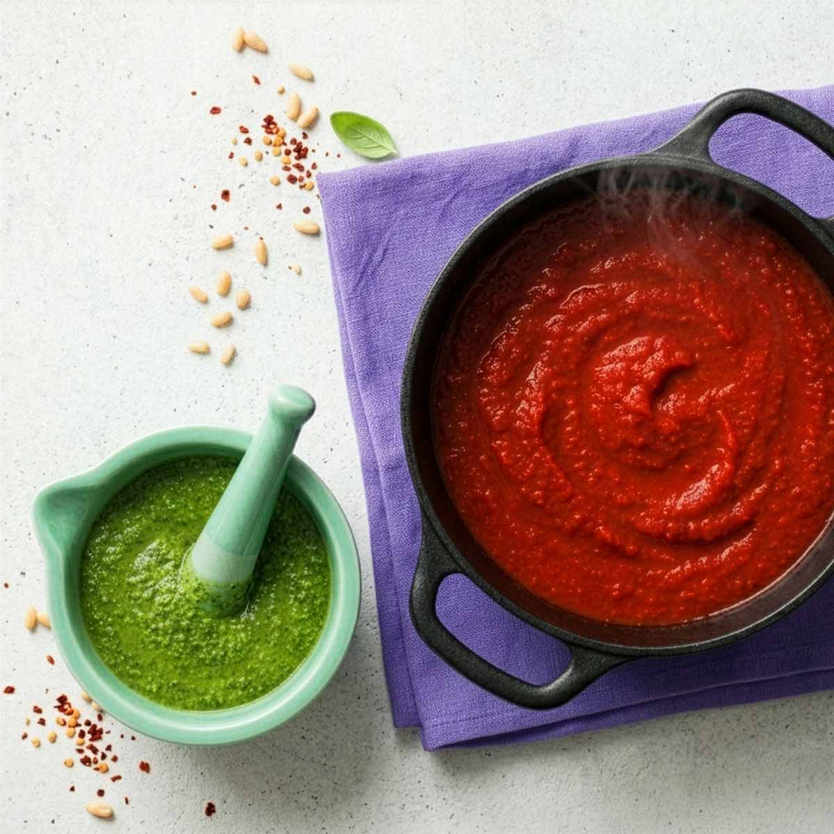 Overhead-Draufsicht auf einen schwarzen Kochtopf mit dampfender Tomatensauce auf einem violetten Leinentuch, daneben eine mintgrüne Schale mit Pesto und Mörser auf Beton.